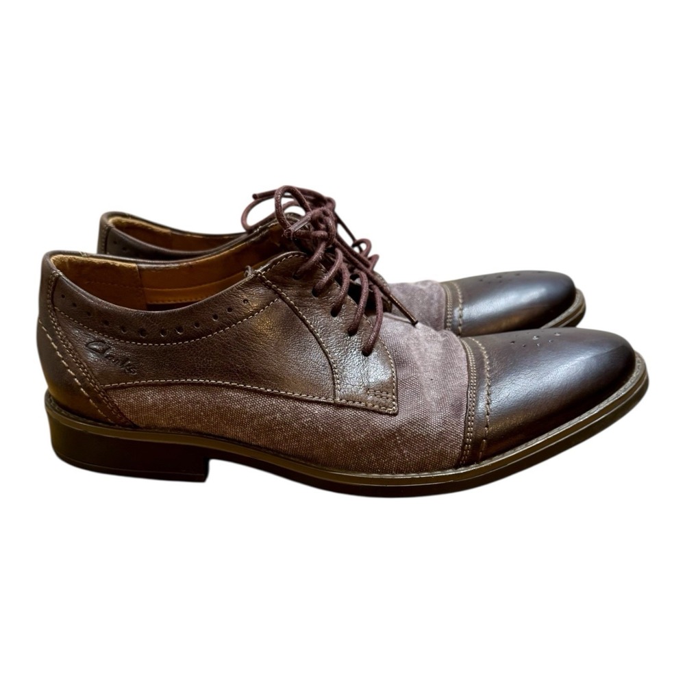 Clarks Collection Men's Size 9.5 Ortholite Brown Leather/Canvas Oxford Shoe - Picture 3 of 8